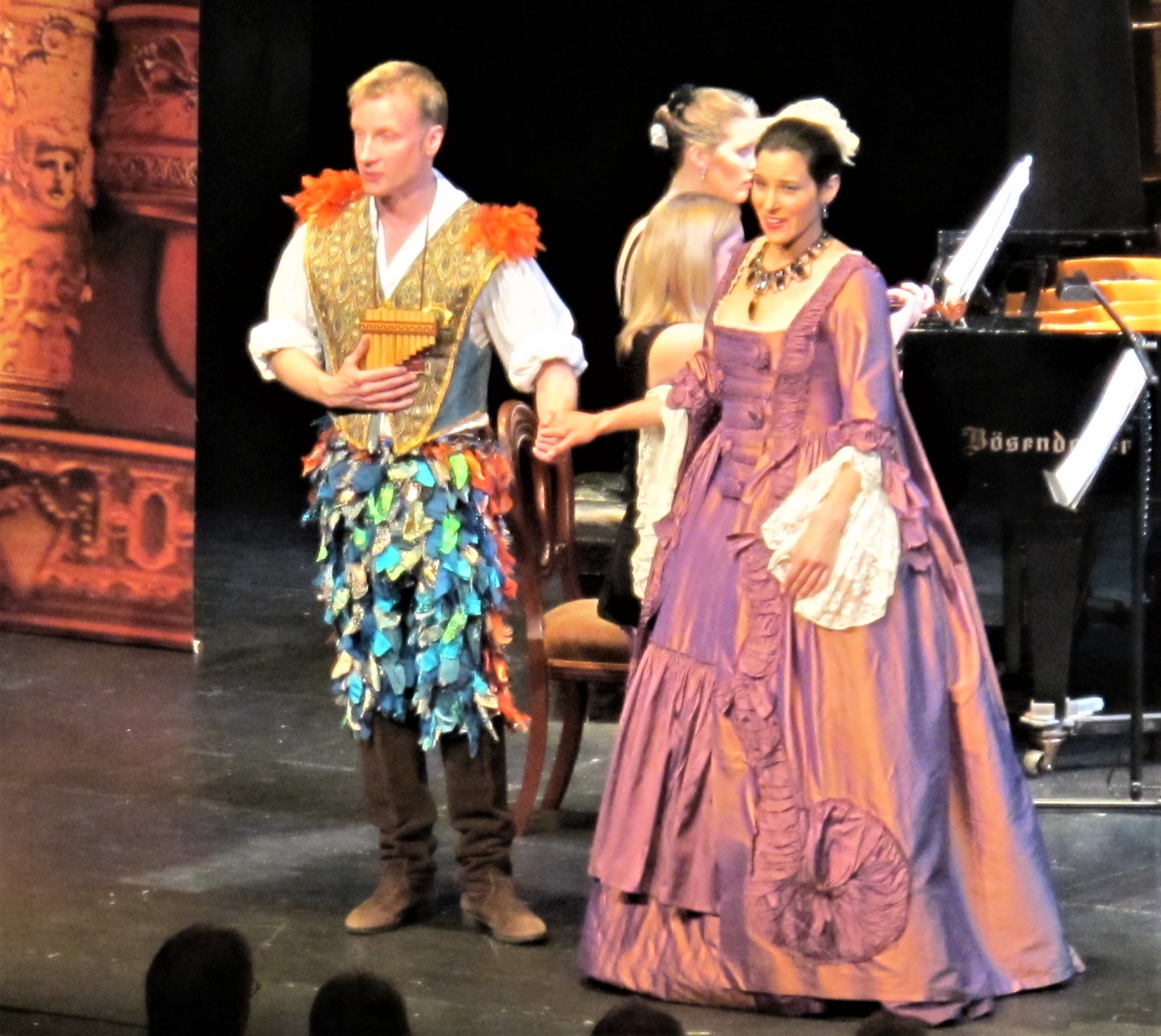 An exceptional lady's 18th century style sack dress, bronze and purple with fine lace cuffs - with skirt and pannier frame. Ex London Festival Opera 'The Magic Flute'.